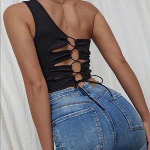 Lace Up Back One Shoulder Top